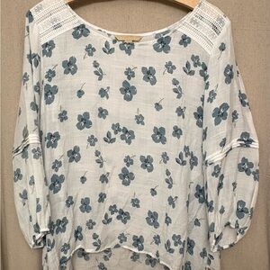 Floral Blue Blouse with Lace Detail